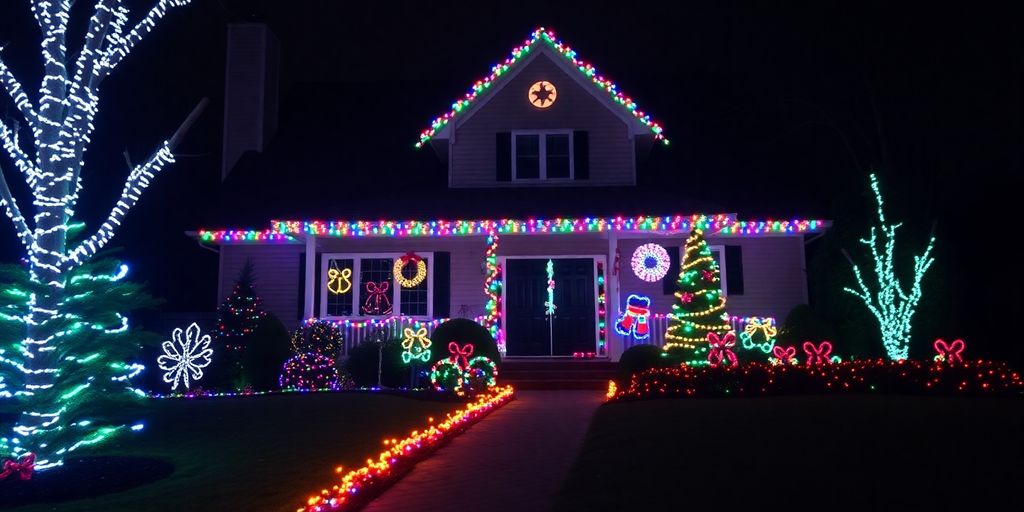 Chesterfield house adorned with bright Christmas lights.