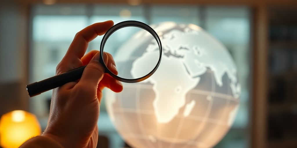 A person holding a magnifying glass over a digital globe.