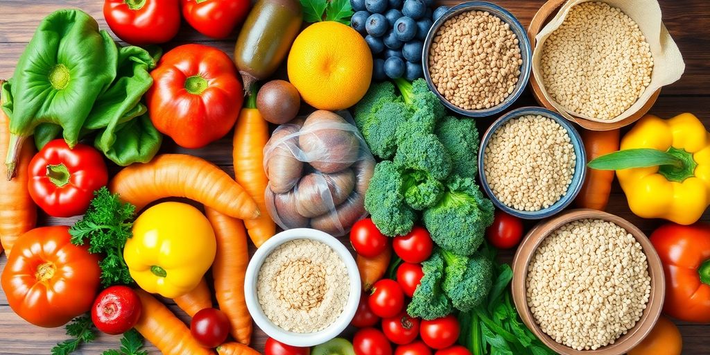 Fresh fruits and vegetables on a wooden table.