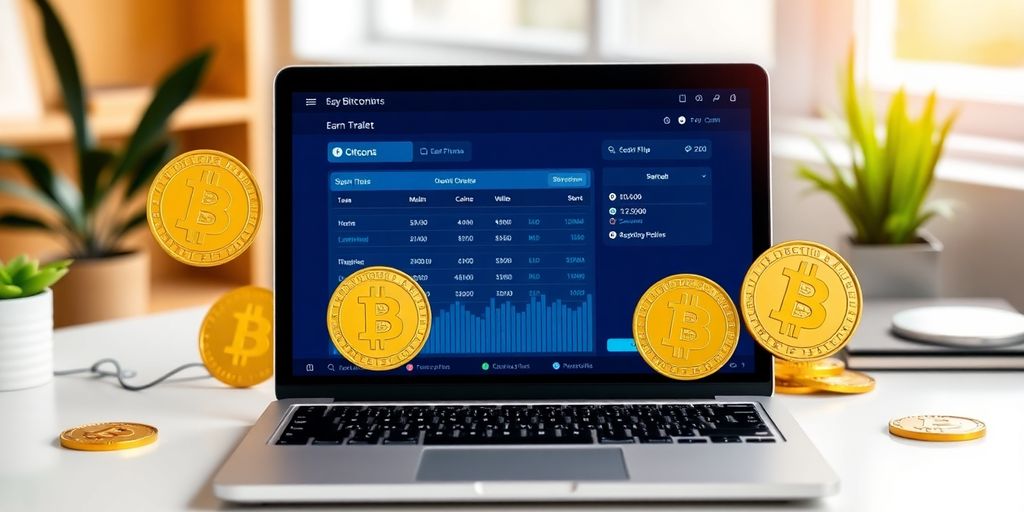 Laptop displaying digital wallet for earning Bitcoin.