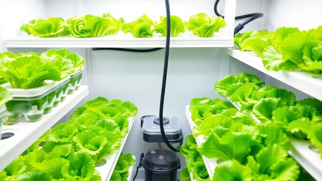 Indoor hydroponic lettuce under LED grow lights on white shelves.