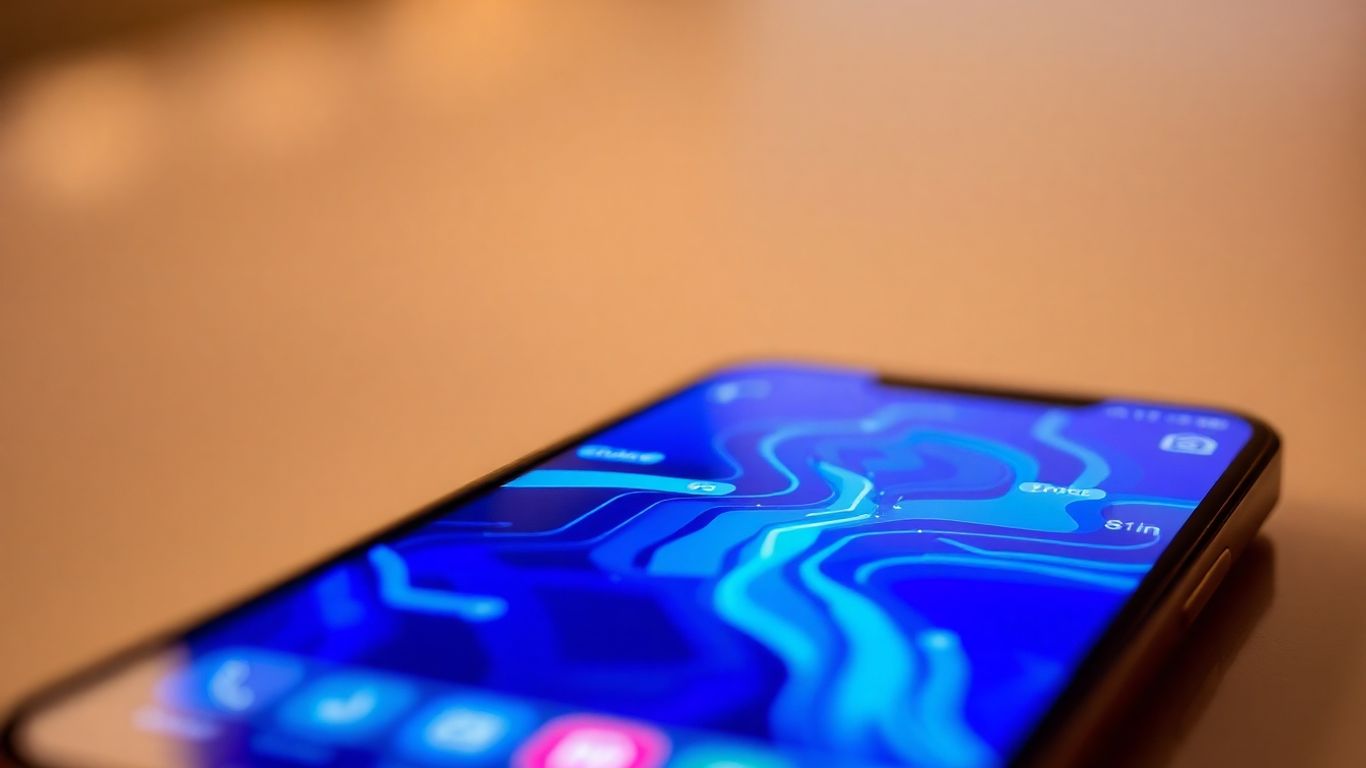 Modern smartphone with glowing digital interface.