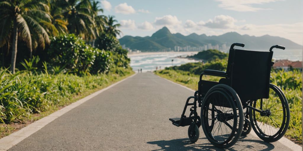 Wheelchair on a scenic pathway in Barra da Tijuca, with beach and mountains in the background, highlighting rental benefits.