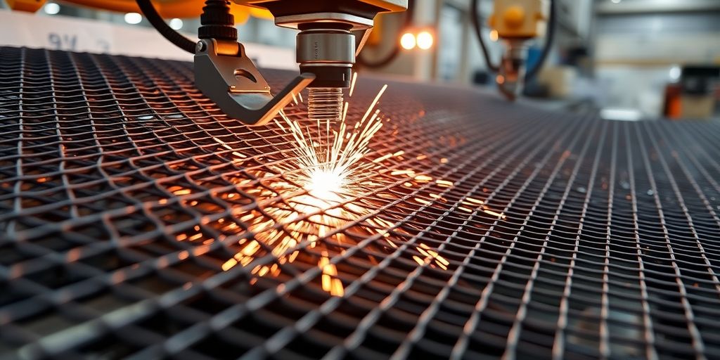Automated mesh welding machine performing precise metal work.