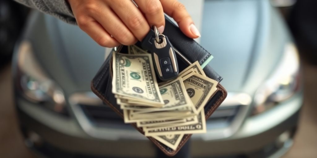 Car keys and money flying out of a wallet.