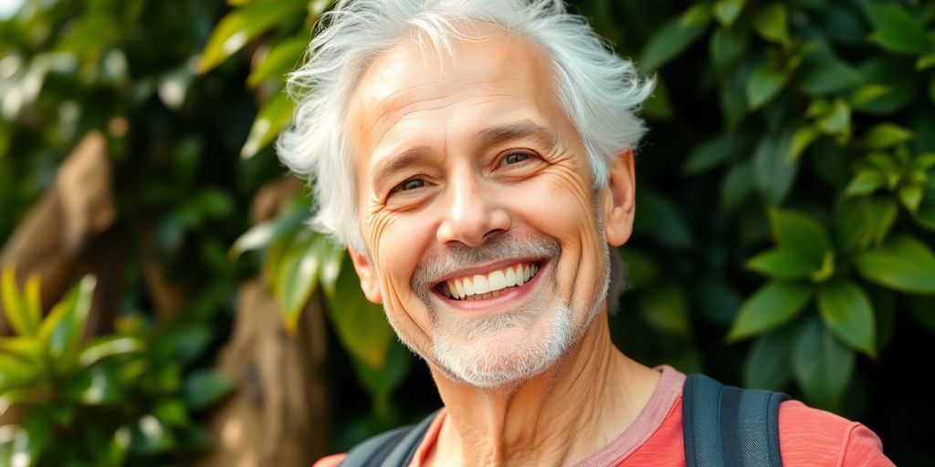 Smiling older adult exuding vitality in a natural setting.