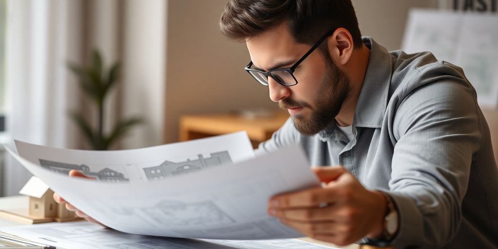 Real estate investor examining property blueprints.