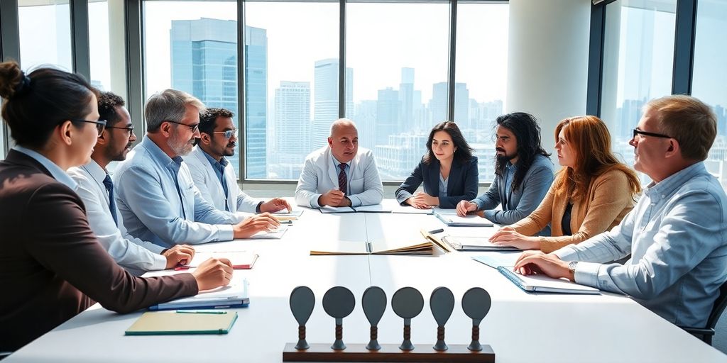 Scientists and policymakers collaborating, exchanging ideas and documents.