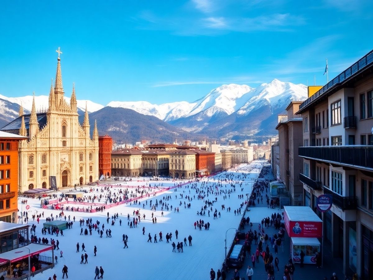 Città di Milano con le Alpi sullo sfondo.