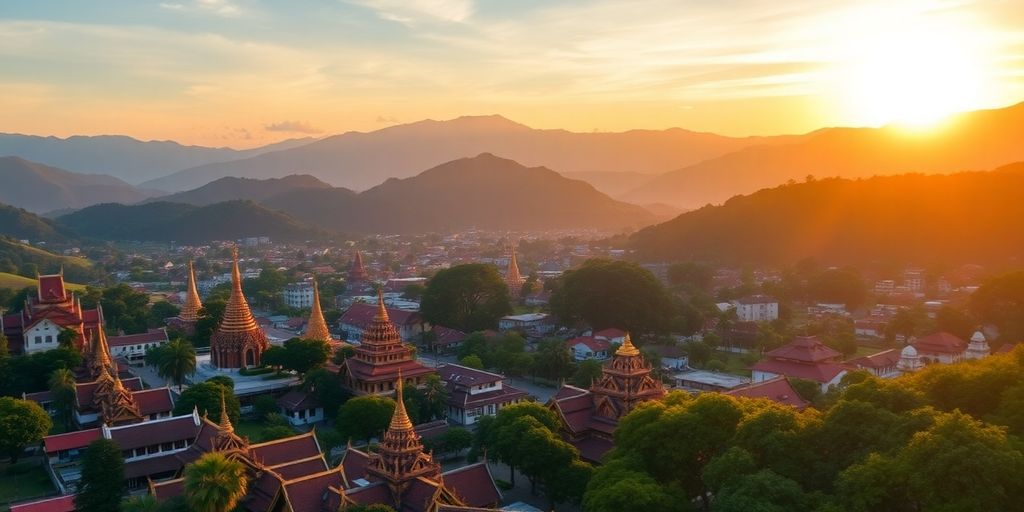 Vibrant landscape of Chiang Mai with temples and mountains.
