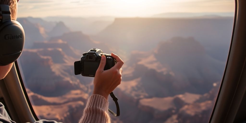 A person photographs the Grand Canyon from a helicopter window.
