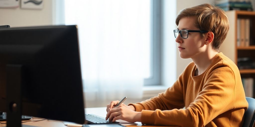 Person calmly focusing on a task.