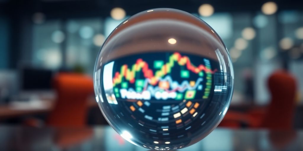 Crystal ball with stock market reflection.