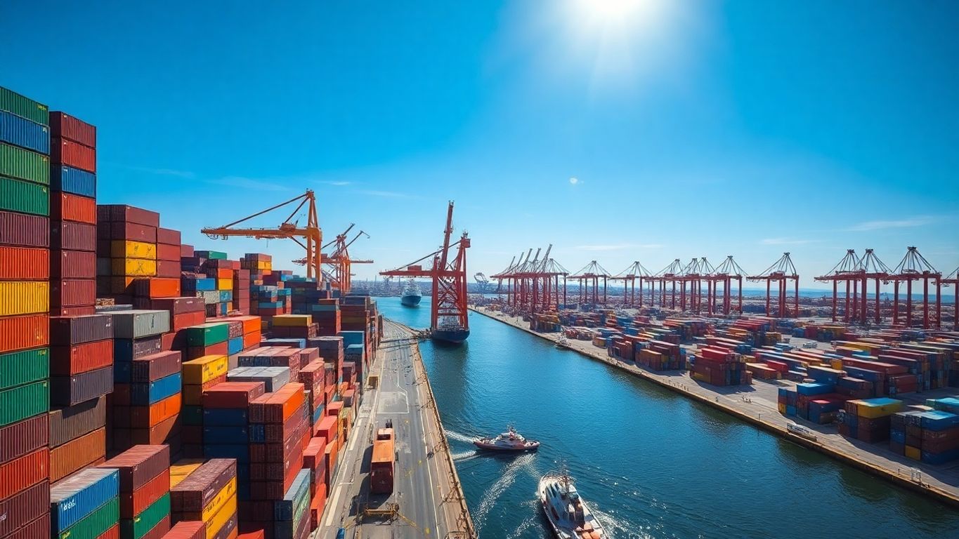 Shipping containers stacked at a bustling port.
