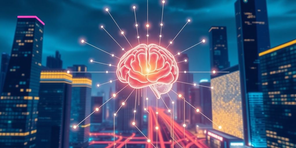 AI brain analyzing data, futuristic cityscape backdrop