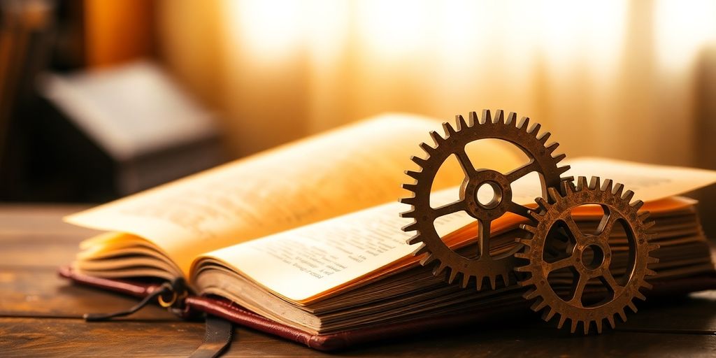 Opened book with light emanating, surrounded by gears.