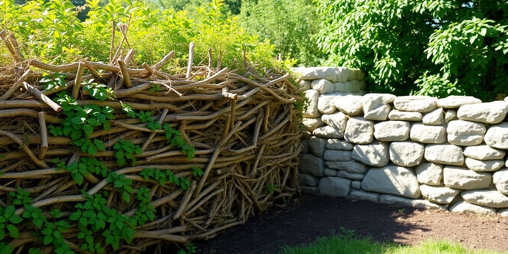 Benjes-Hecke und Natursteinmauer im Garten