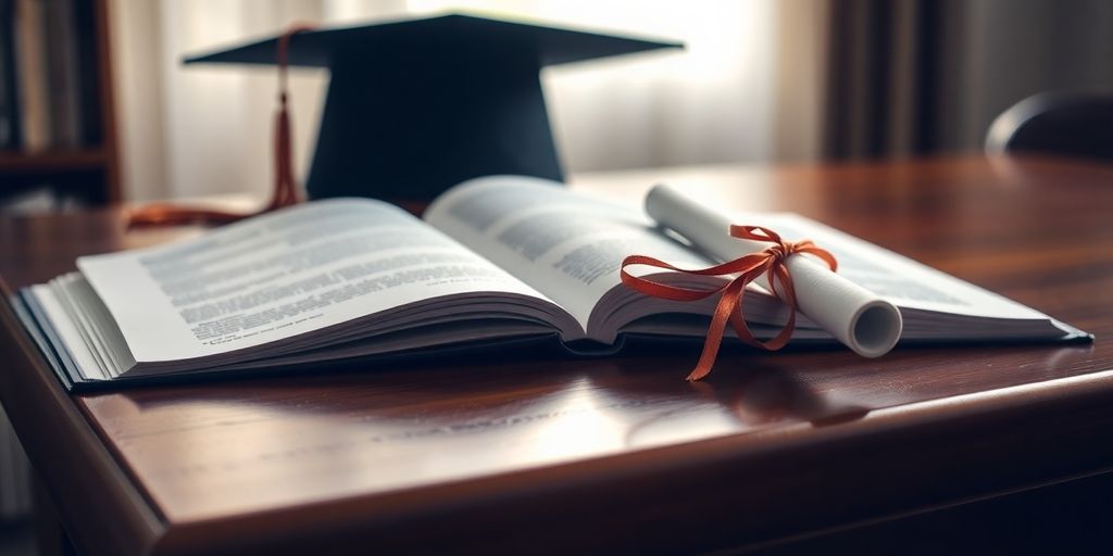 Open book, light, graduation cap, diploma.