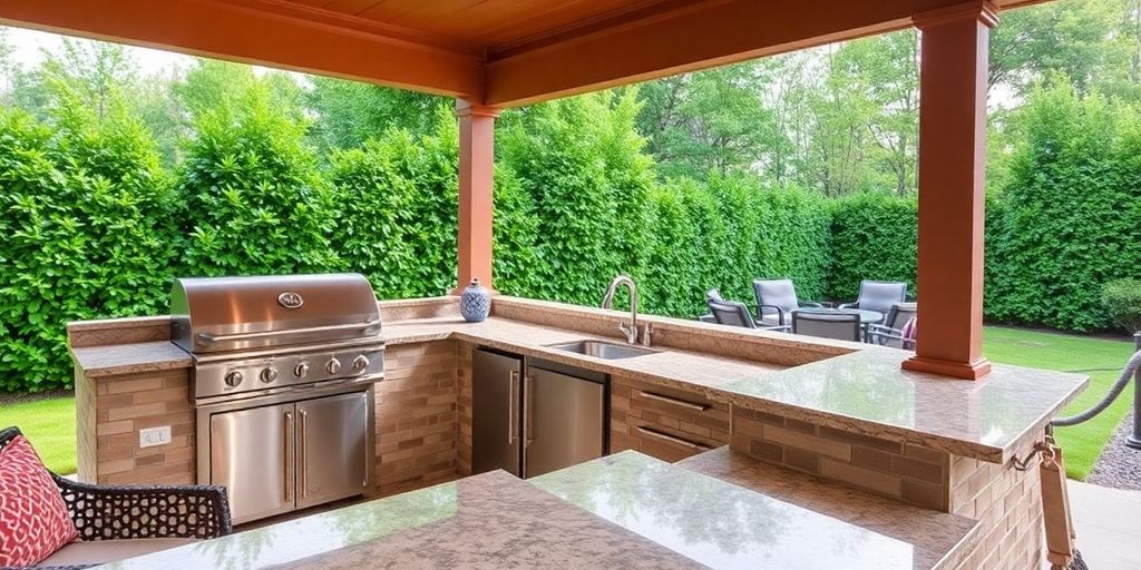 Luxurious outdoor kitchen with grill and seating.