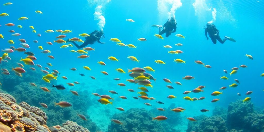 Divers explore vibrant coral reefs teeming with marine life.