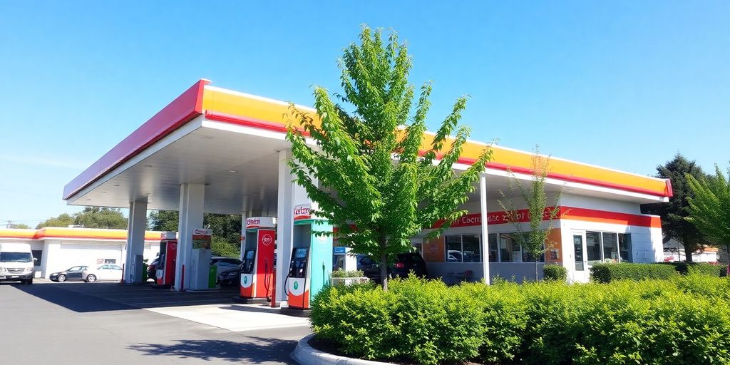 Station-service Leclerc avec pompes à essence ensoleillées.