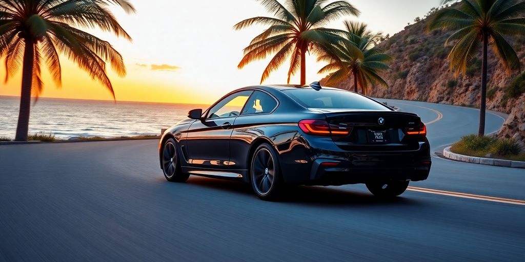 Sleek BMW driving coastal road at sunset.
