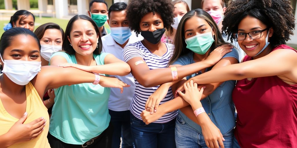 People showing arms with band-aids after COVID-19 booster shots