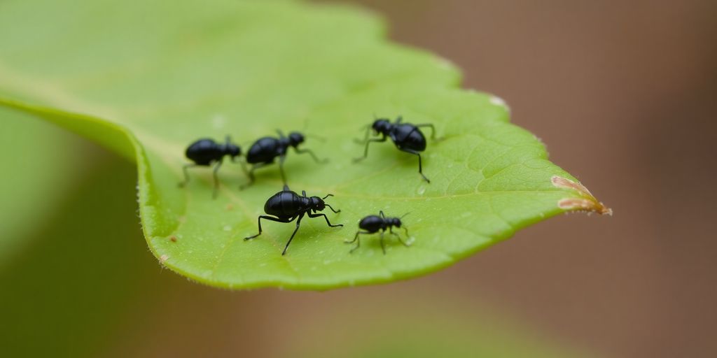 Insecte mici negre pe o frunză verde.