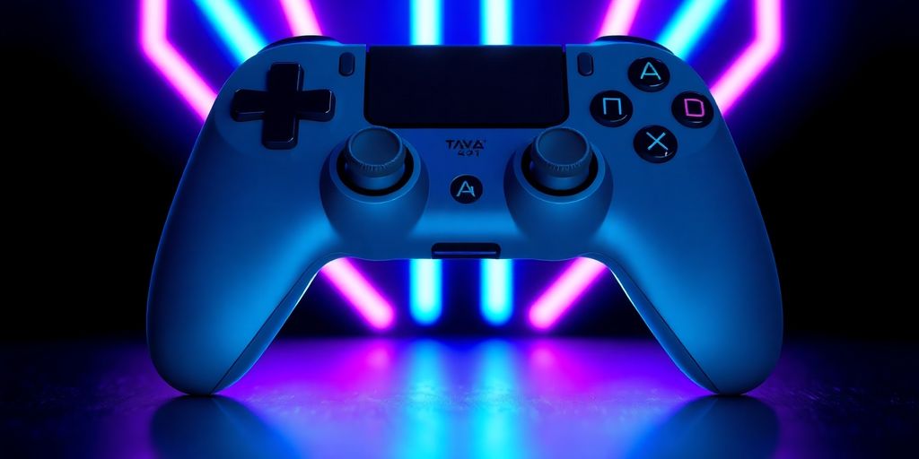 Gaming controller on neon background.