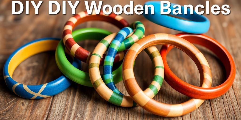 Colorful DIY wooden bangles on a rustic wooden background.