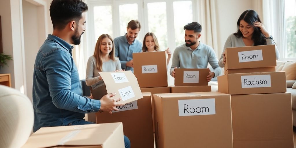 Family packing boxes in a sunny living room.