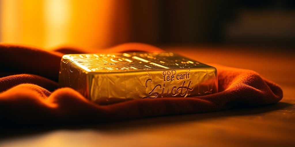 Lingot d'or sur un tissu en velours.
