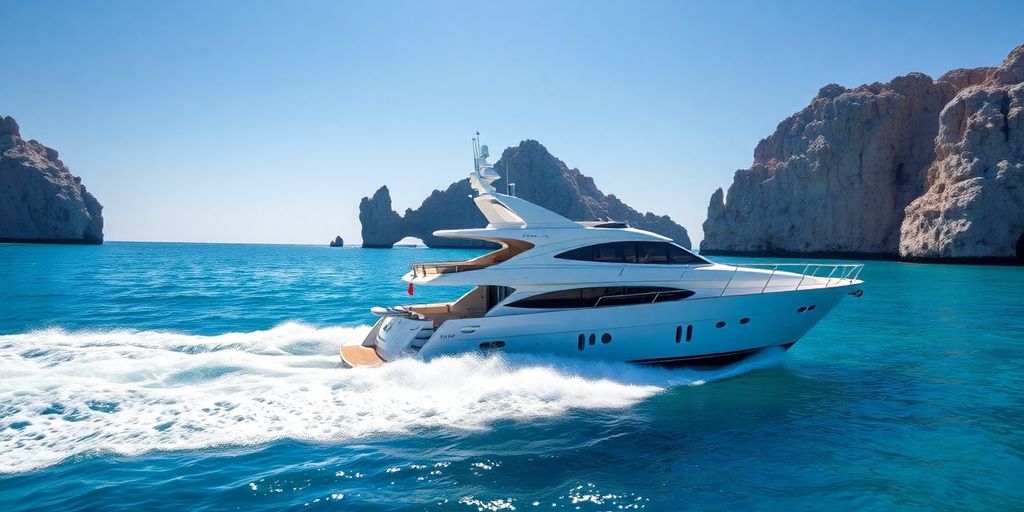 Luxury yacht sailing in clear blue Cabo waters.