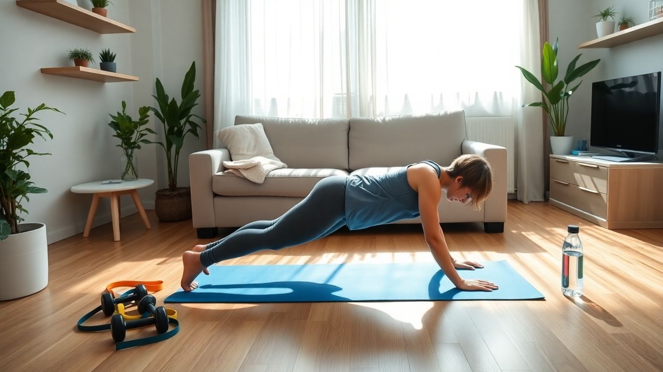 Person planking on yoga mat in small living room apartment.