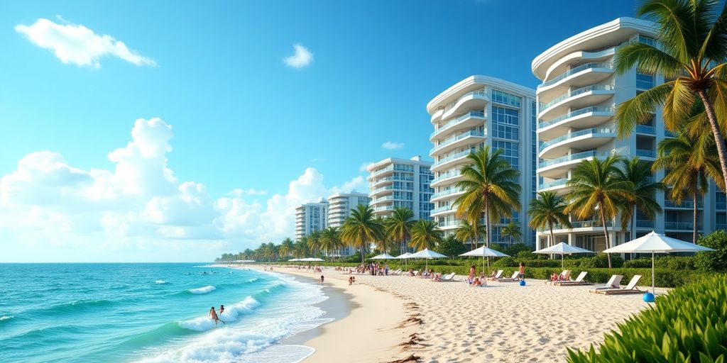 Luxury condos in Boca Raton with palm trees and beach.