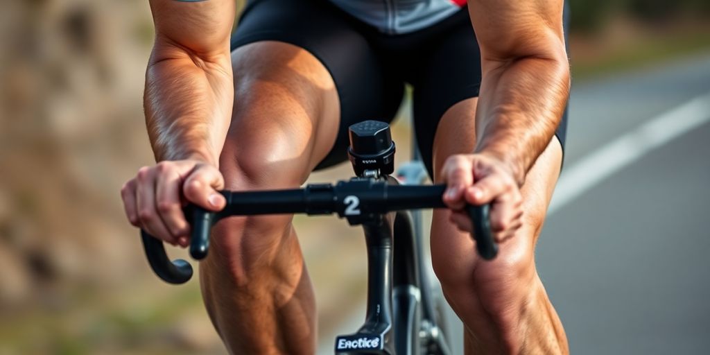 Cyclist's powerful quads after strength training.