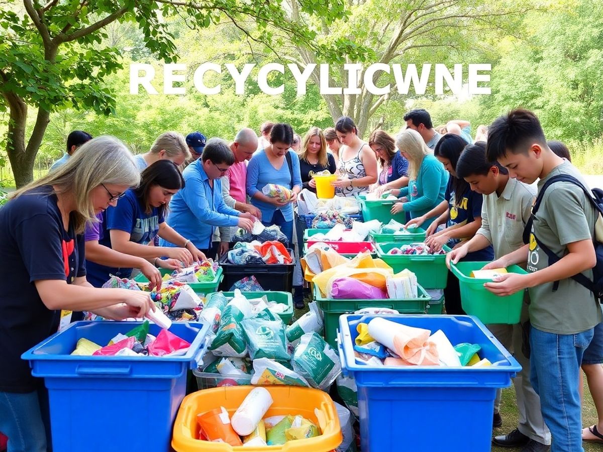 Eveniment de reciclare comunitar cu oameni sortând materiale.