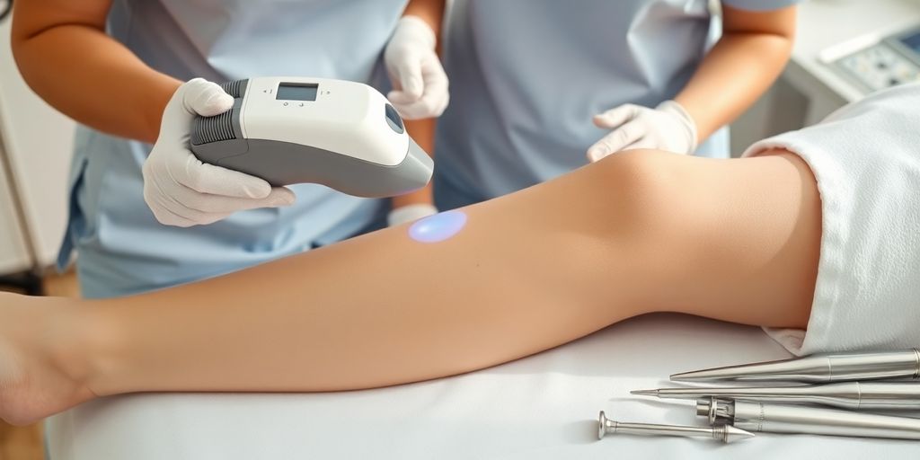 Teen girl receiving laser hair removal on legs in clinic