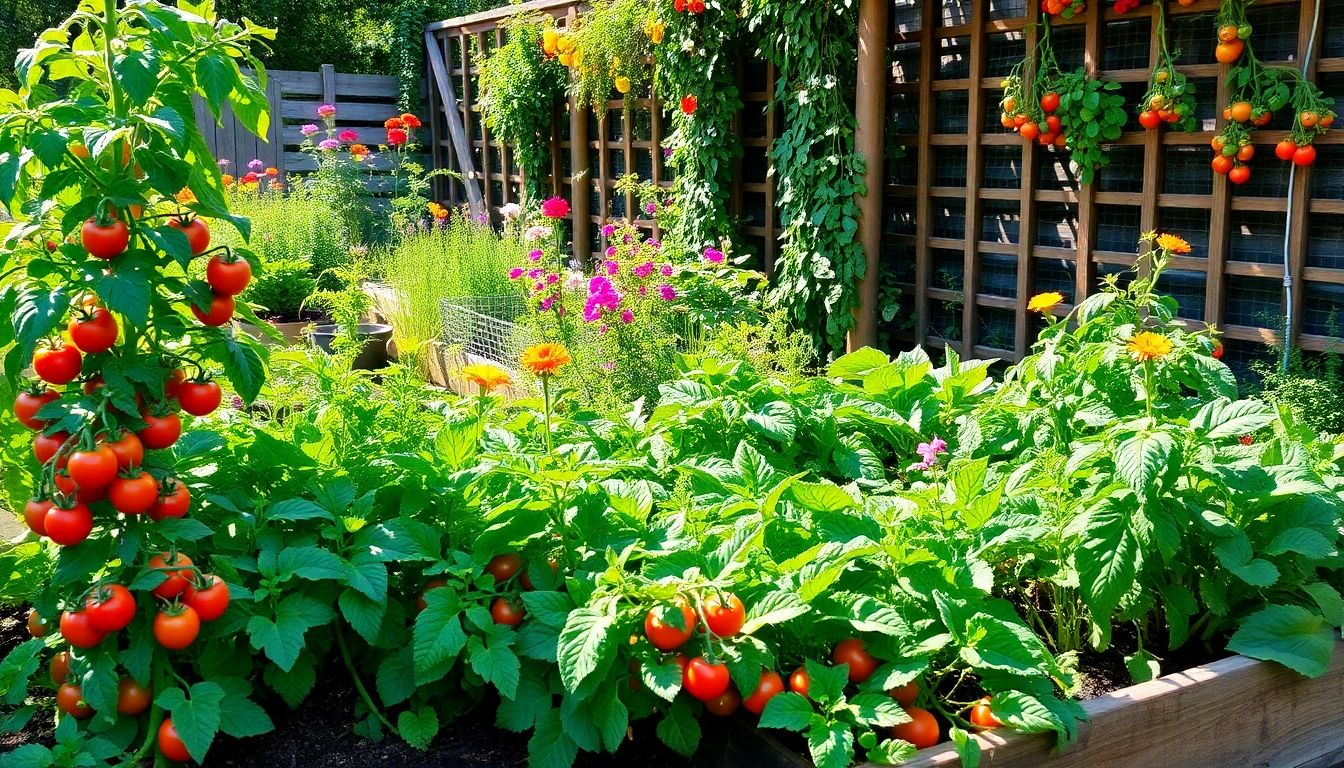 Lush edible garden with vegetables and herbs.
