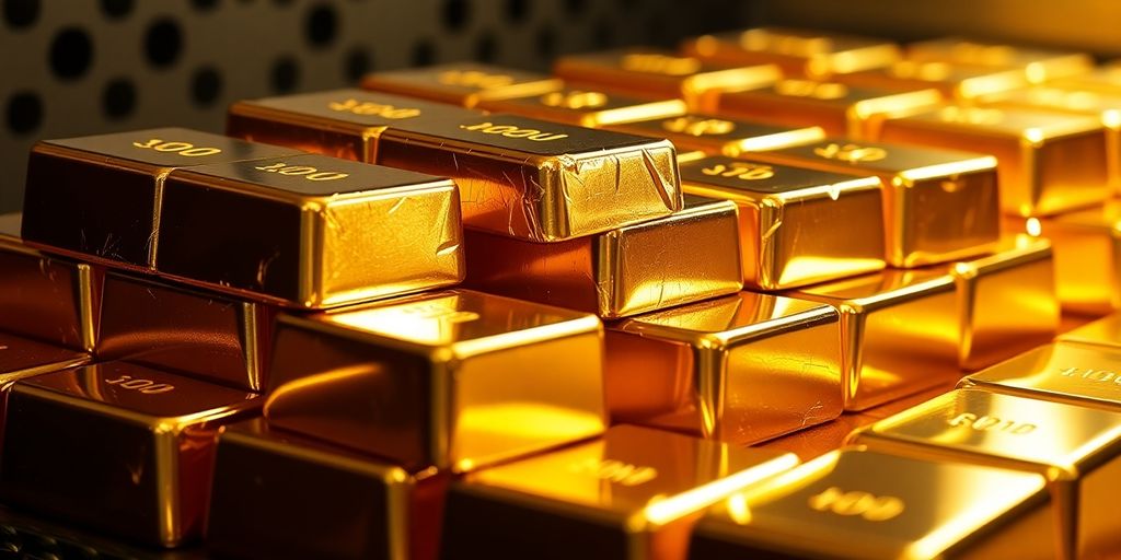 Lingots d'or empilés dans une chambre forte.