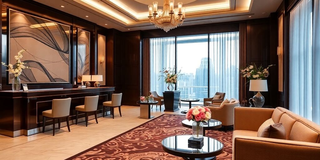 Luxury concierge with elegant chairs and decor.