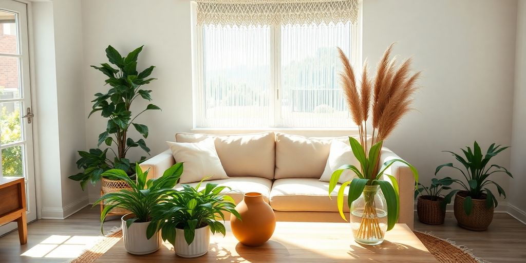 Bohemian living room with macrame, plants, and natural light.