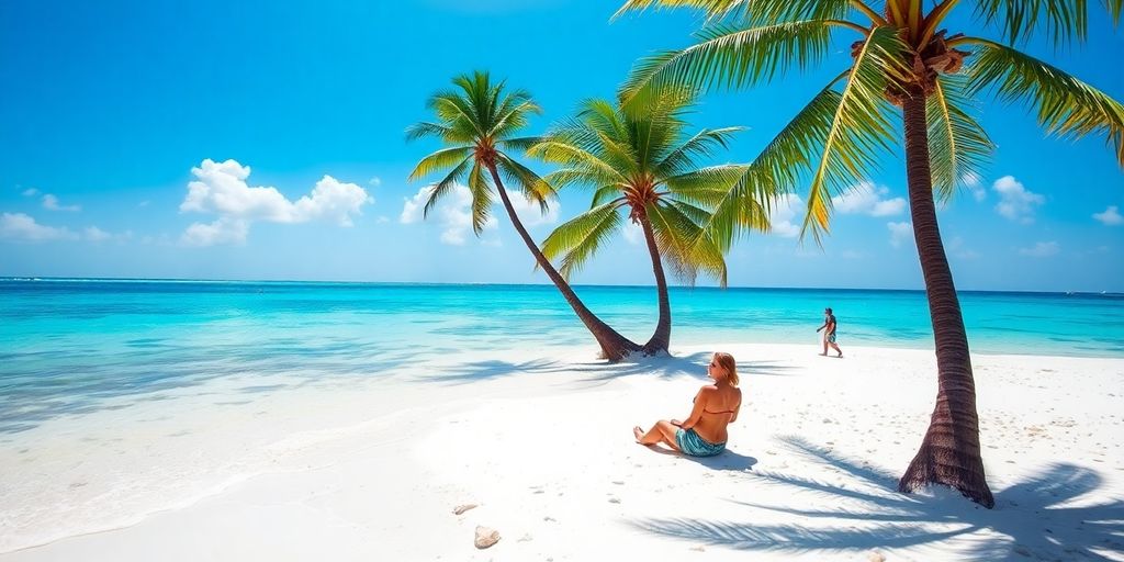 Couple relaxing on a beach in the Bahamas.
