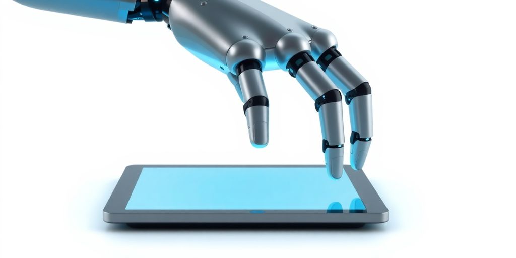 Robot using no-code platform on computer.