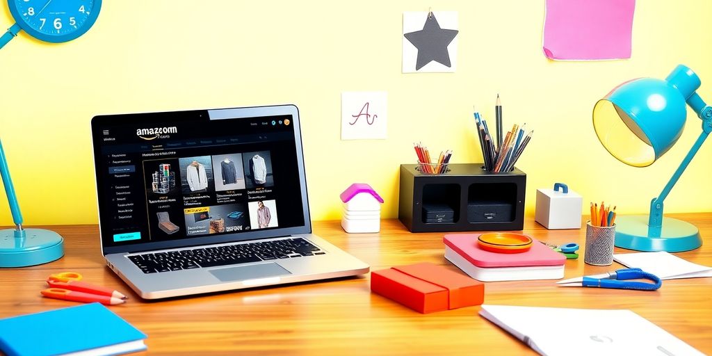 A workspace with a laptop and vibrant tools.