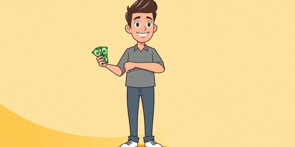 Self-employed person confidently holding cash, vibrant scene.