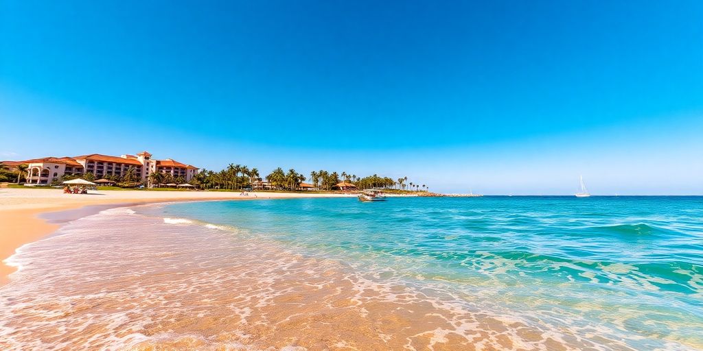 Azure ocean, sandy beach, distant resort, and clear sky.