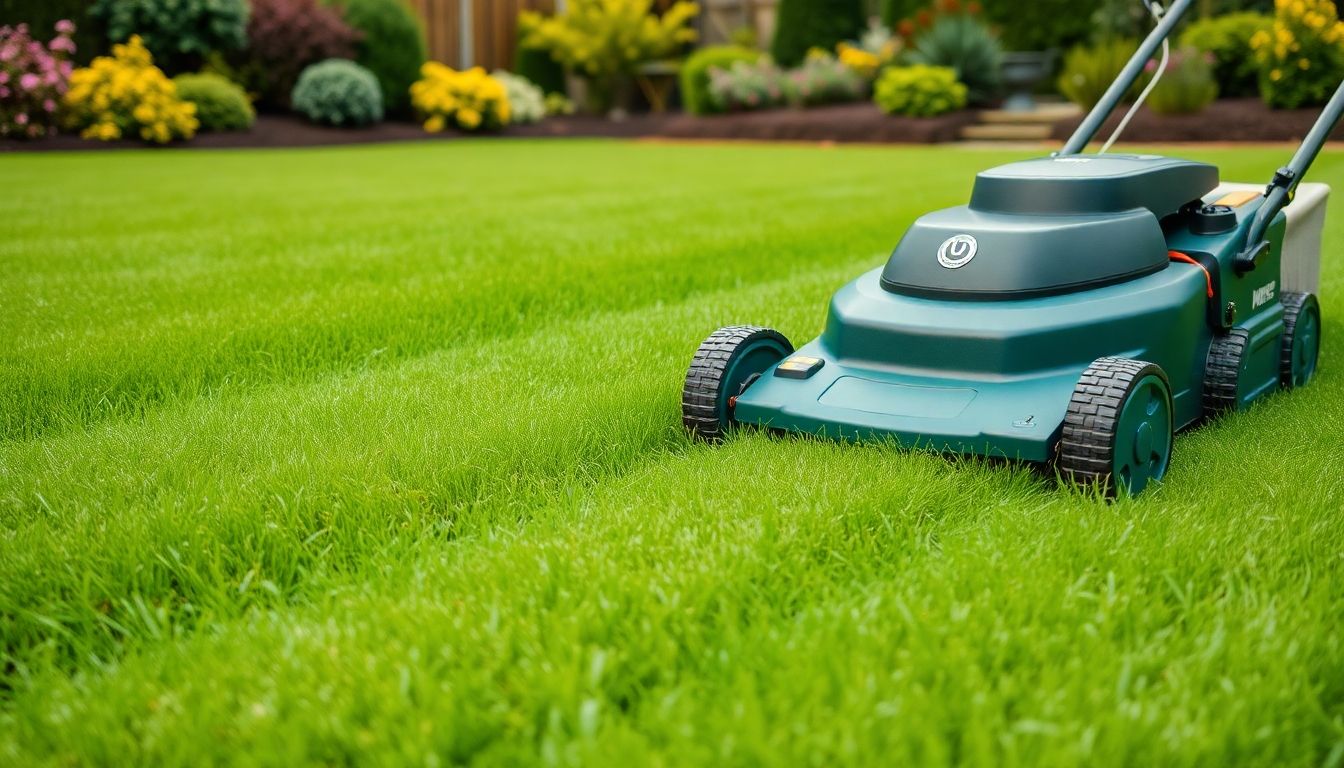 Professional lawn mowing service in action on a green lawn.