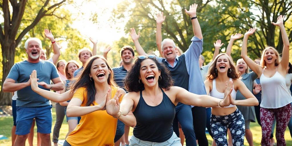 Lachende mensen in een vrolijke yogasessie