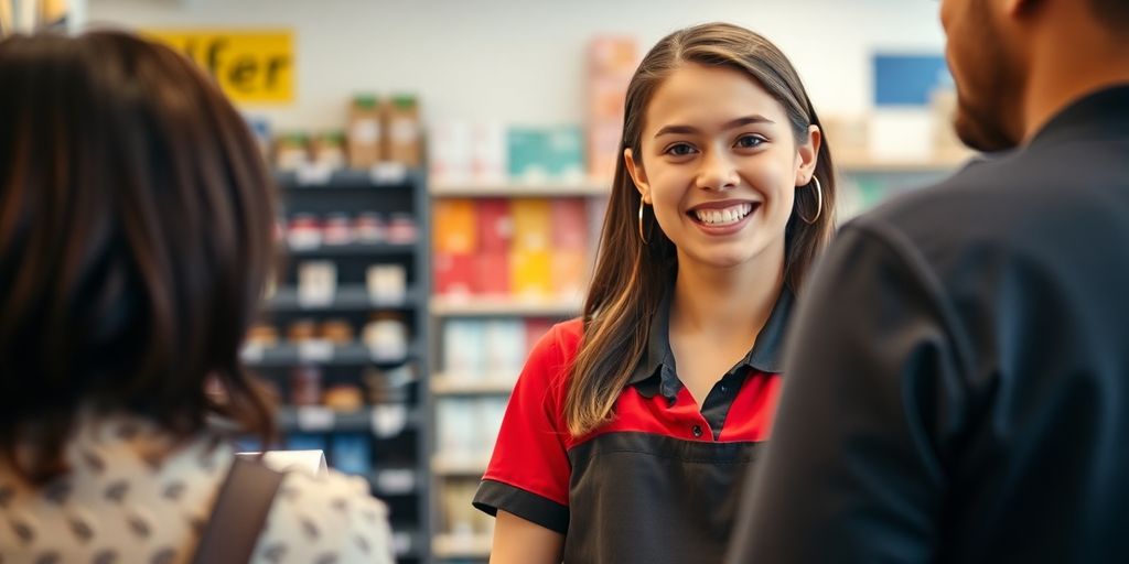 Teenager smiling, helping customer in a retail store.